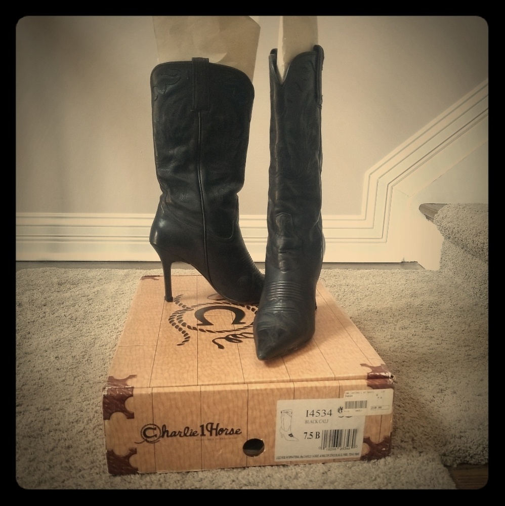 Lucchese Charlie 1 Horse Black High Heel Boots 7.5